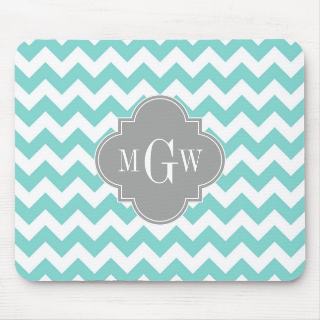 Turq / Aqua Wht Chevron Gray 3 Initial Monogram Mouse Pad (Front)
