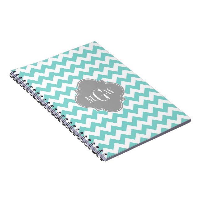 Turq / Aqua Wht Chevron Gray 3 Initial Monogram Notebook (Right Side)