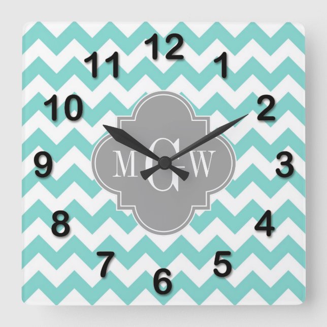 Turq / Aqua Wht Chevron Gray 3 Initial Monogram Square Wall Clock (Front)