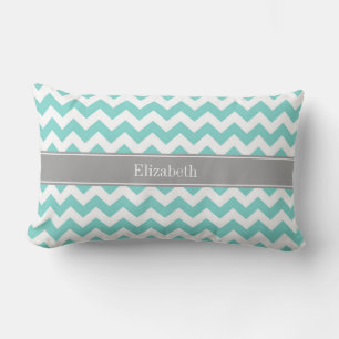 Turq / Aqua Wht Chevron Gray Name Monogram Lumbar Pillow