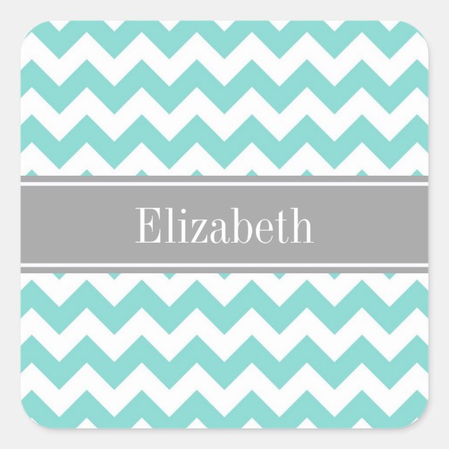 Turq / Aqua Wht Chevron Gray Name Monogram Square Sticker (Front)