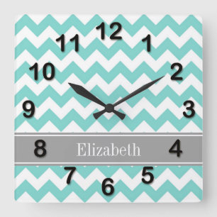 Turq / Aqua Wht Chevron Gray Name Monogram Square Wall Clock