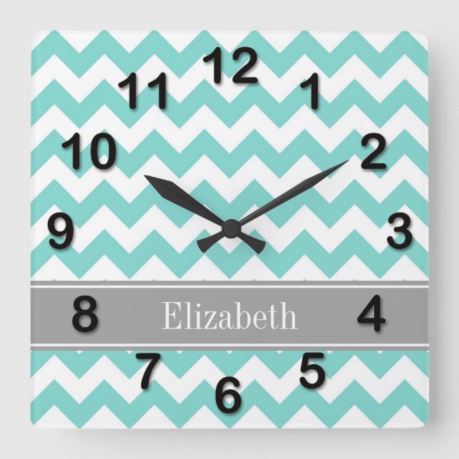 Turq / Aqua Wht Chevron Gray Name Monogram Square Wall Clock (Front)