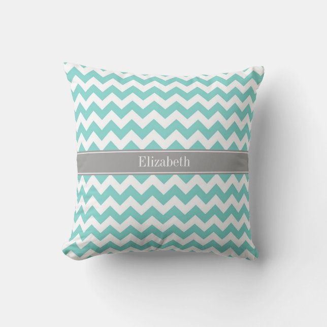 Turq / Aqua Wht Chevron Gray Name Monogram Throw Pillow (Front)