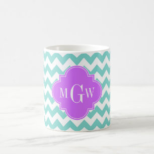 Turq / Aqua Wht Chevron Lilac 3 Initial Monogram Coffee Mug