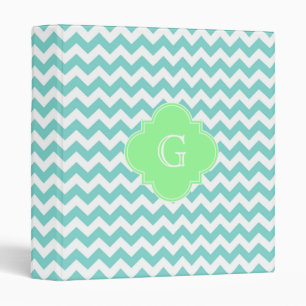 Turq / Aqua Wht Chevron Mint Quatrefoil Monogram 3 Ring Binder