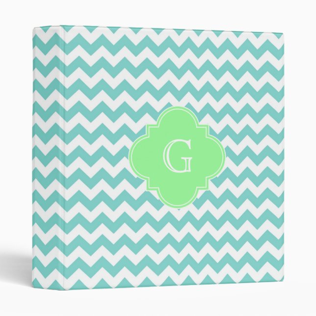 Turq / Aqua Wht Chevron Mint Quatrefoil Monogram 3 Ring Binder (Front/Spine)