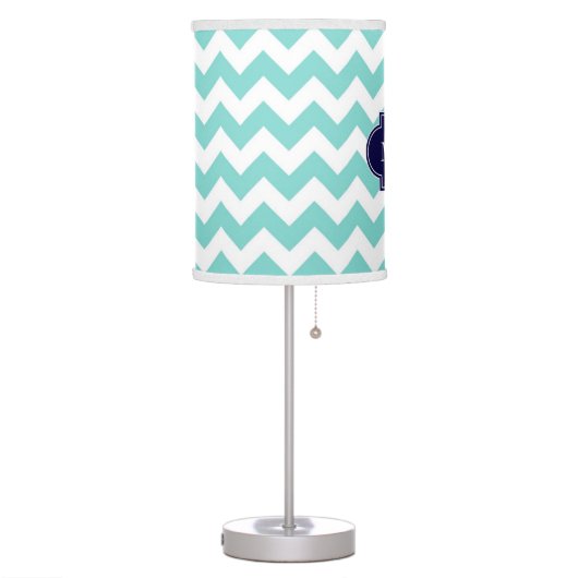 Turq / Aqua Wht Chevron Navy 3 Initial Monogram Table Lamp (Left)