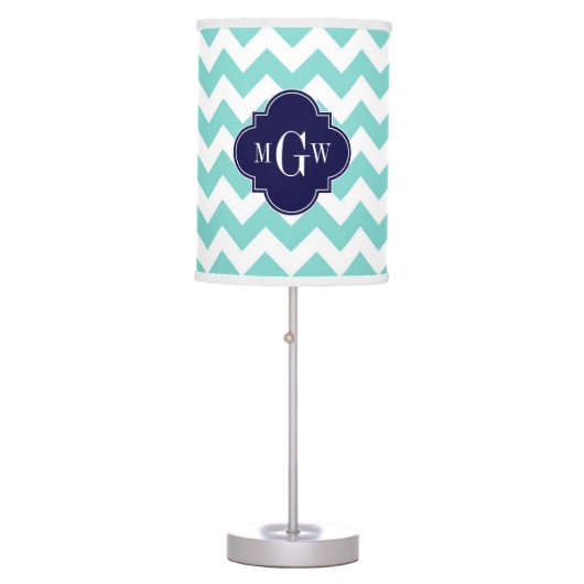 Turq / Aqua Wht Chevron Navy 3 Initial Monogram Table Lamp (Front)