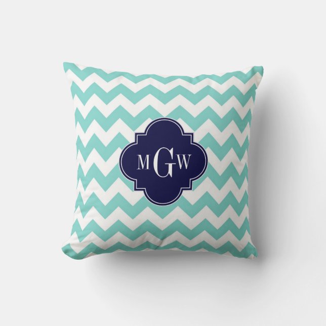Turq / Aqua Wht Chevron Navy 3 Initial Monogram Throw Pillow (Front)