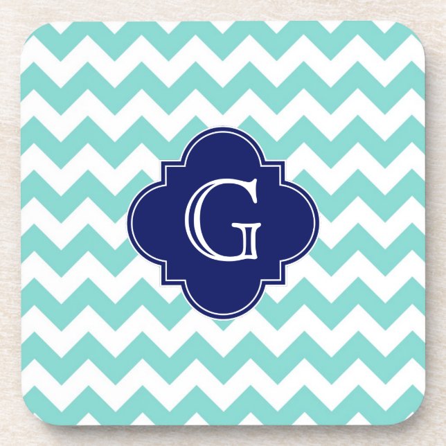 Turq / Aqua Wht Chevron Navy Quatrefoil Monogram Coaster (Front)