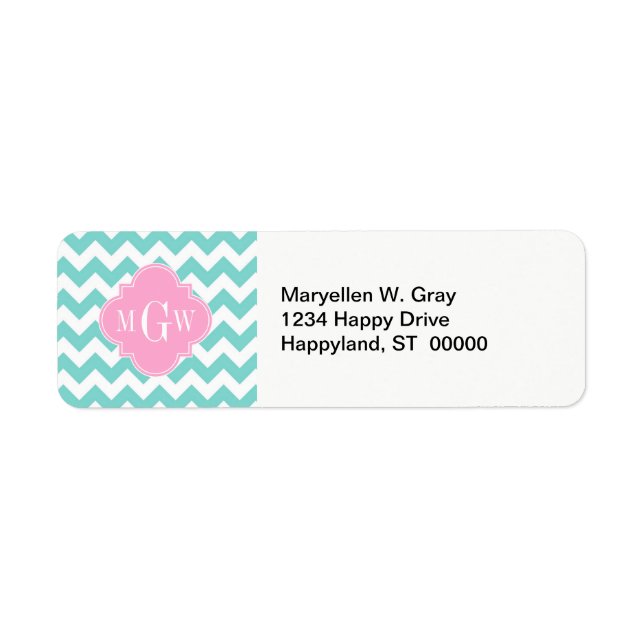 Turq / Aqua Wht Chevron Pink 3 Initial Monogram Label (Front)