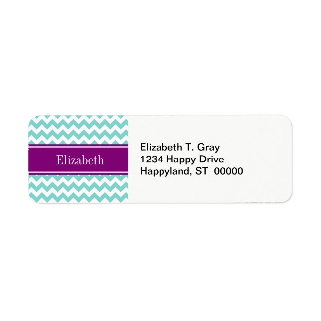 Turq / Aqua Wht Chevron Purple Name Monogram Label (Front)