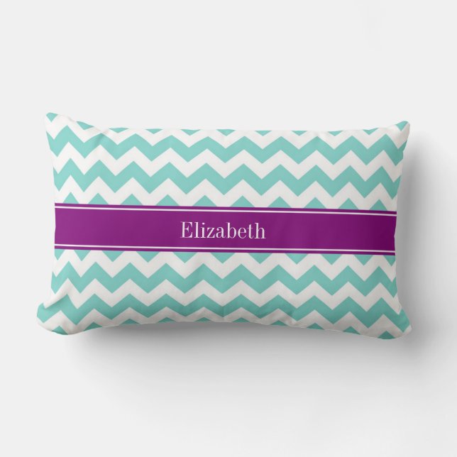 Turq / Aqua Wht Chevron Purple Name Monogram Lumbar Pillow (Front)