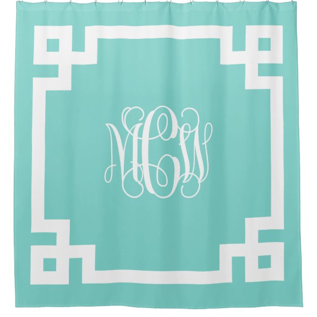 Turq Aqua Wt Vine Monogram DIY BG Greek Key Frame Shower Curtain (Front)