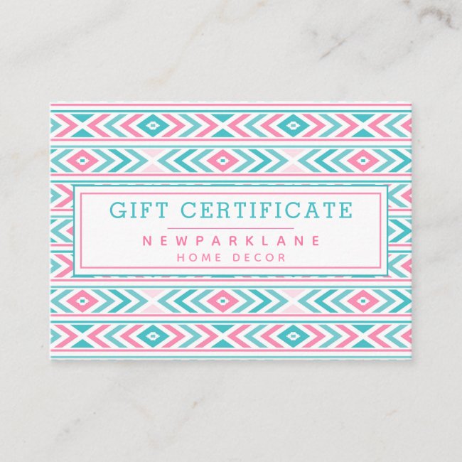 Turqoise and Pink Aztec Business Gift Certificate