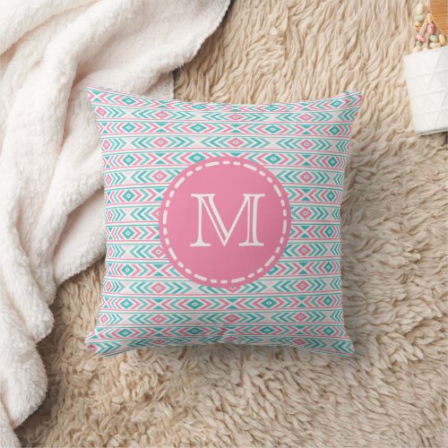 Turqoise and Pink Boho Aztec Pattern _ Monogrammed Throw Pillow