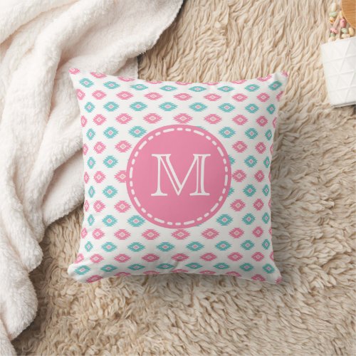 Turqoise and Pink Boho Aztec Pattern _ Monogrammed Throw Pillow