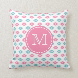 Turqoise and Pink Geometric Aztec - Monogrammed Throw Pillow