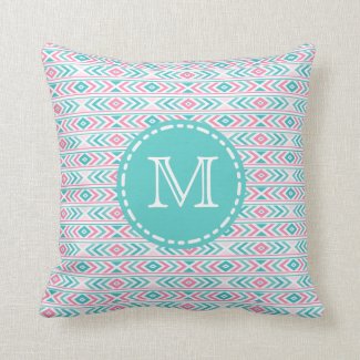 Turqoise and Pink Geometric Aztec - Monogrammed Throw Pillow