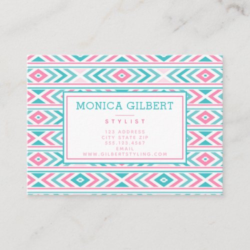 Turqoise and Pink Geometric Aztec Pattern Business Card