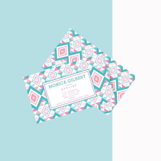 Turqoise and Pink Geometric Aztec Pattern Business Card (Creator Uploaded)