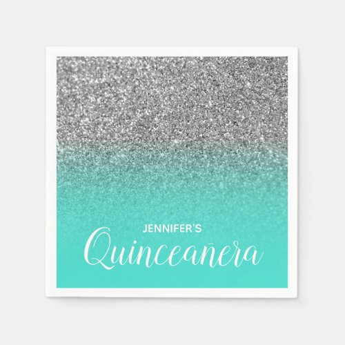 Turqoise and Silver Glitter Ombre Quinceanera Napkins