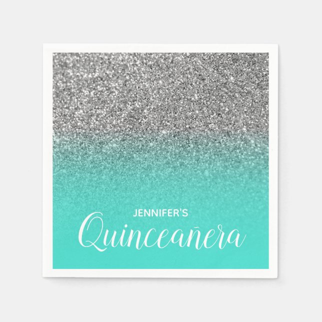 Turqoise and Silver Glitter Ombre Quinceanera Napkins (Front)