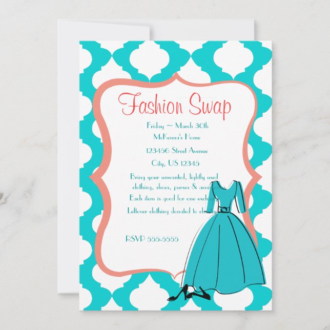 Turqoise & Coral Fashion Swap Invitation (Front)
