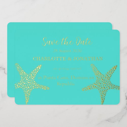 Turqoise Modern  Starfish Beach Wedding Gold Foil Invitation