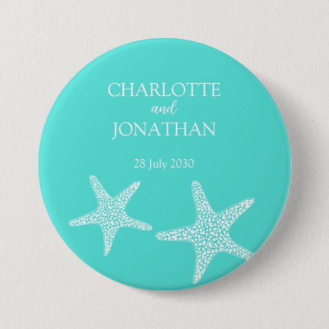 Turqoise Modern Tropical Starfish Beach Wedding    Button (Front)