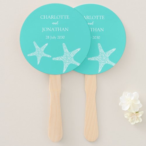 Turqoise Modern Tropical Starfish Beach Wedding    Hand Fan