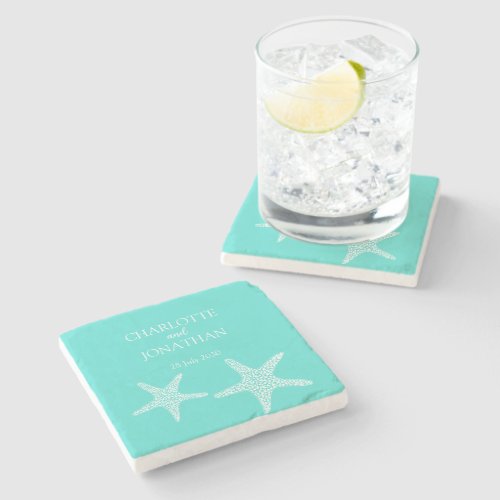 Turqoise Modern Tropical Starfish Beach Wedding    Stone Coaster