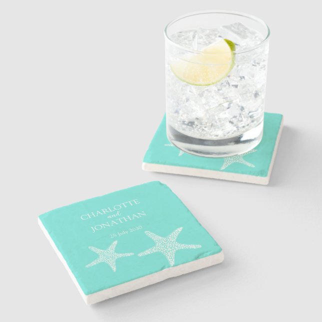 Turqoise Modern Tropical Starfish Beach Wedding    Stone Coaster (Side)