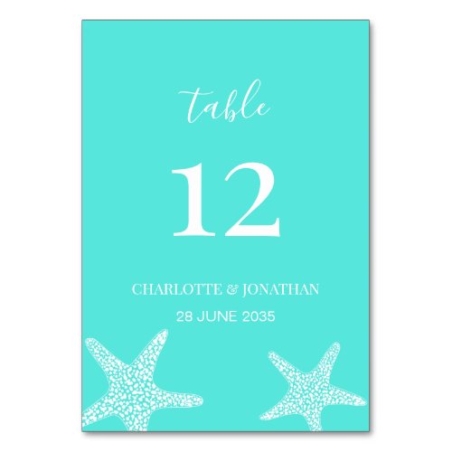 Turqoise Modern Tropical Starfish Beach Wedding  Table Number