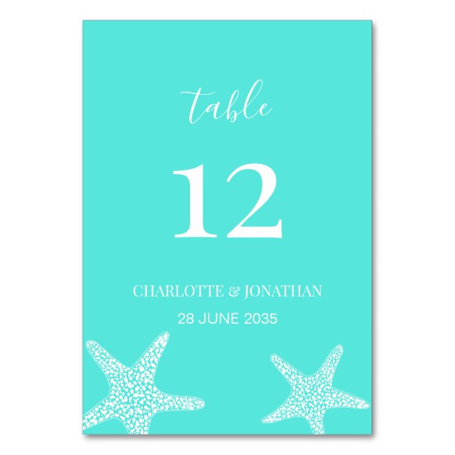 Turqoise Modern Tropical Starfish Beach Wedding  Table Number (Front)