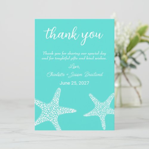 Turqoise Modern Tropical Starfish Beach Wedding  Thank You Card