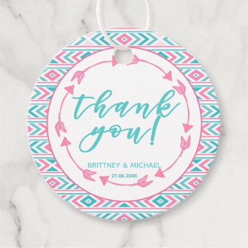 Turqoise  Pink Geometric Aztec Pattern  Thank You Favor Tags