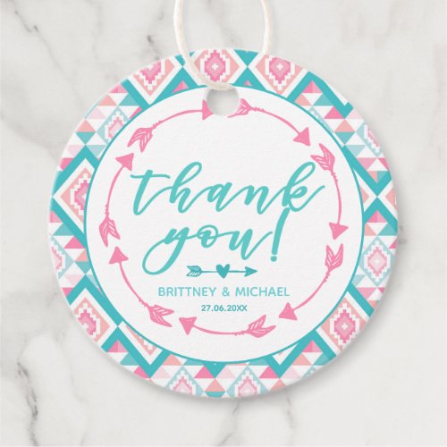 Turqoise  Pink Geometric Aztec Pattern  Thank You Favor Tags