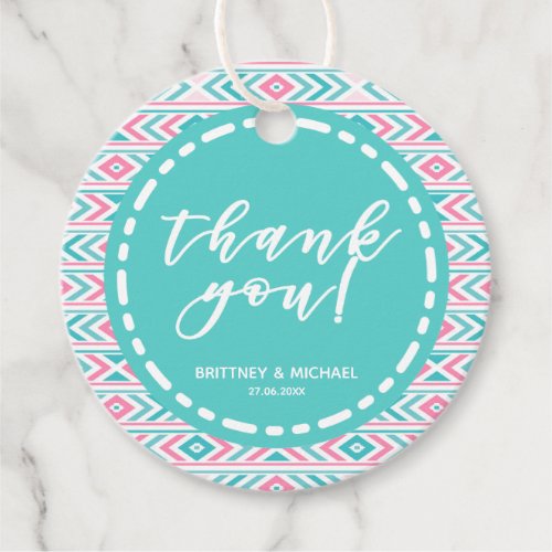 Turqoise  Pink Geometric Aztec Pattern  Thank You Favor Tags