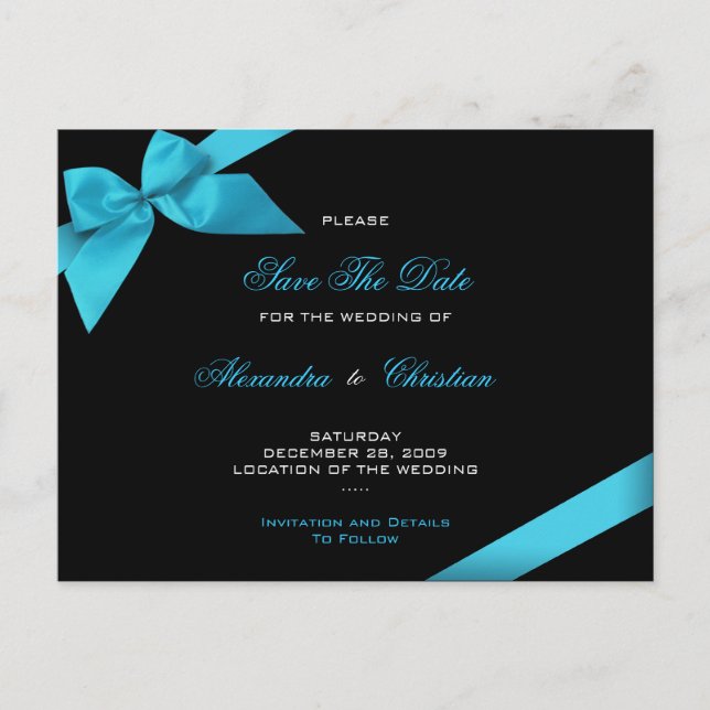 Turqoise Ribbon Wedding Save the Date 4 Announcement Postcard (Front)