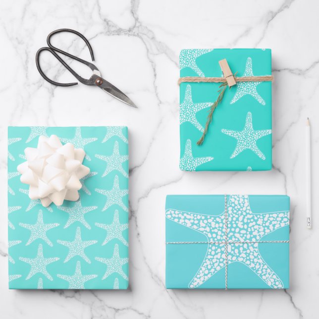 Turqoise Starfish Beach Summer Nautical Pattern    Wrapping Paper Sheets (Front)