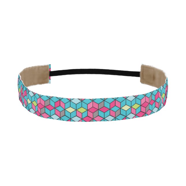 Turqouise and Pink Cube Pattern Athletic Headband (Front)