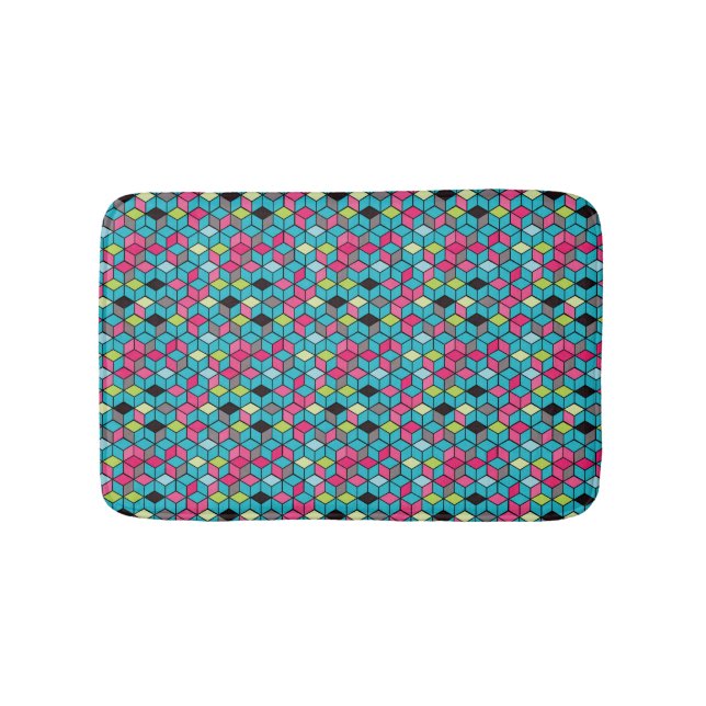 Turqouise and Pink Cube Pattern Bathroom Mat (Front)
