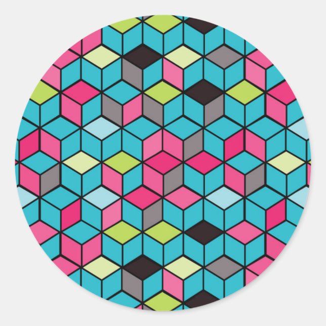 Turqouise and Pink Cube Pattern Classic Round Sticker (Front)