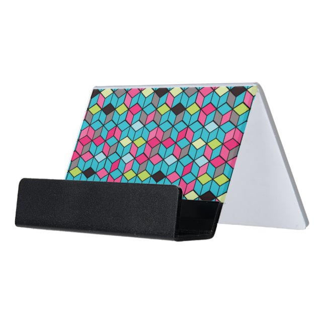 Turqouise and Pink Cube Pattern Desk Business Card Holder (Angled Front)