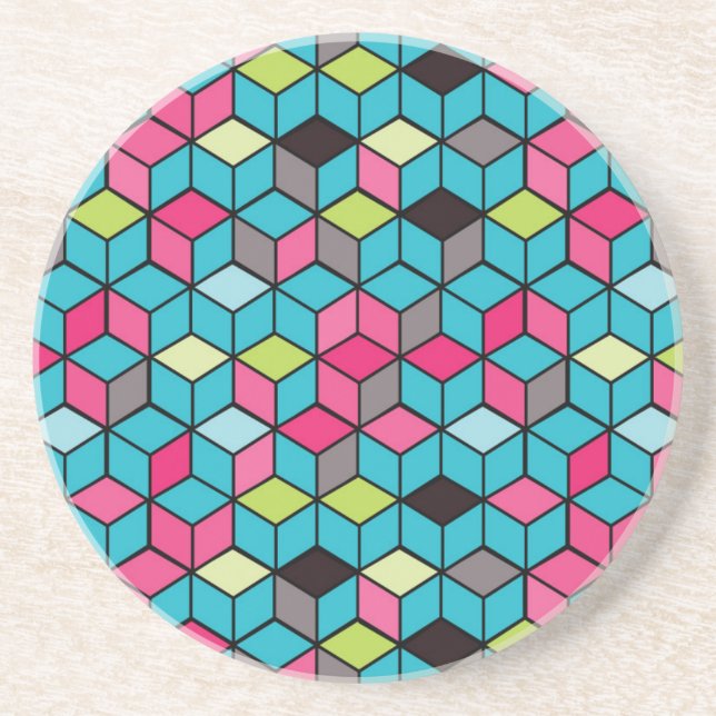 Turqouise and Pink Cube Pattern Drink Coaster (Front)