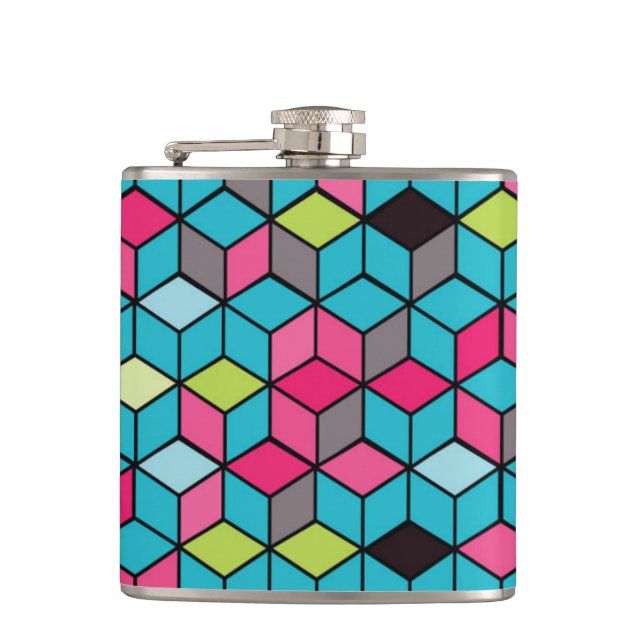 Turqouise and Pink Cube Pattern Flask (Front)