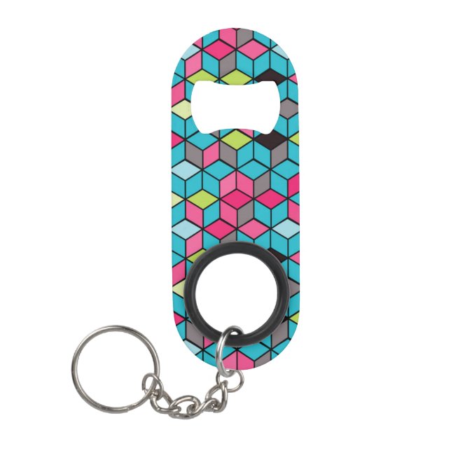 Turqouise and Pink Cube Pattern Keychain Bottle Opener (Front)