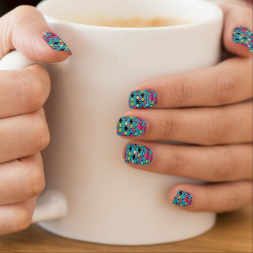 Turqouise and Pink Cube Pattern Minx Nail Art